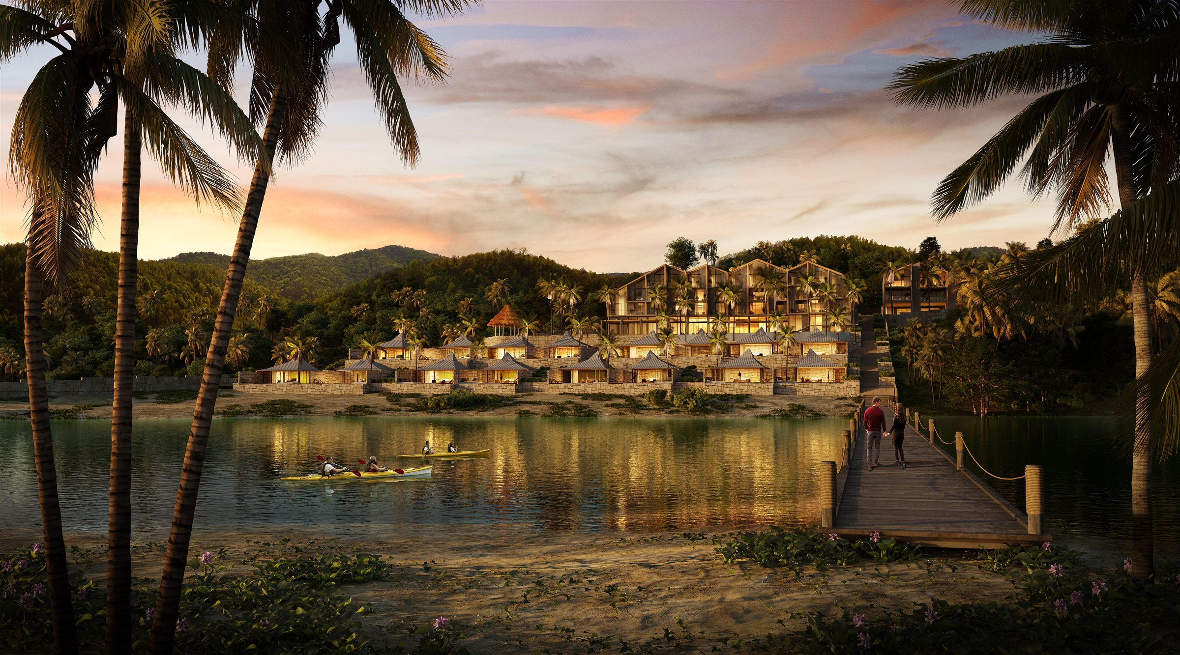 Render arquitectónico hiperrealista de un complejo residencial al atardecer